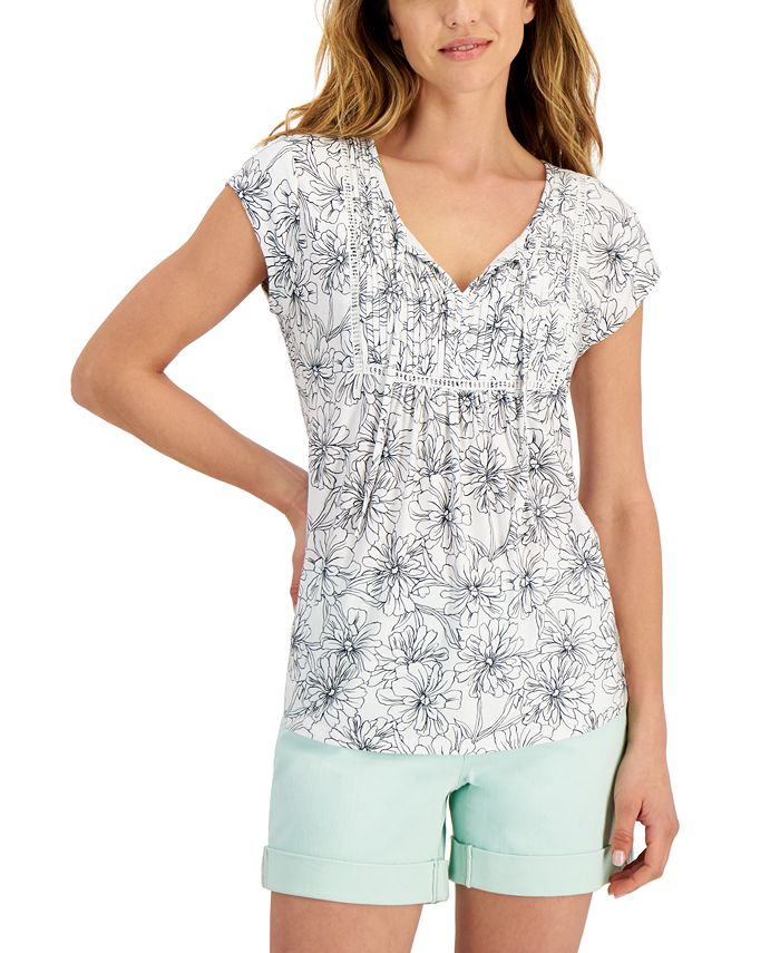 Tommy Hilfiger Women's Floral Print Ladder Trim Pintucked Top White Size X-Large