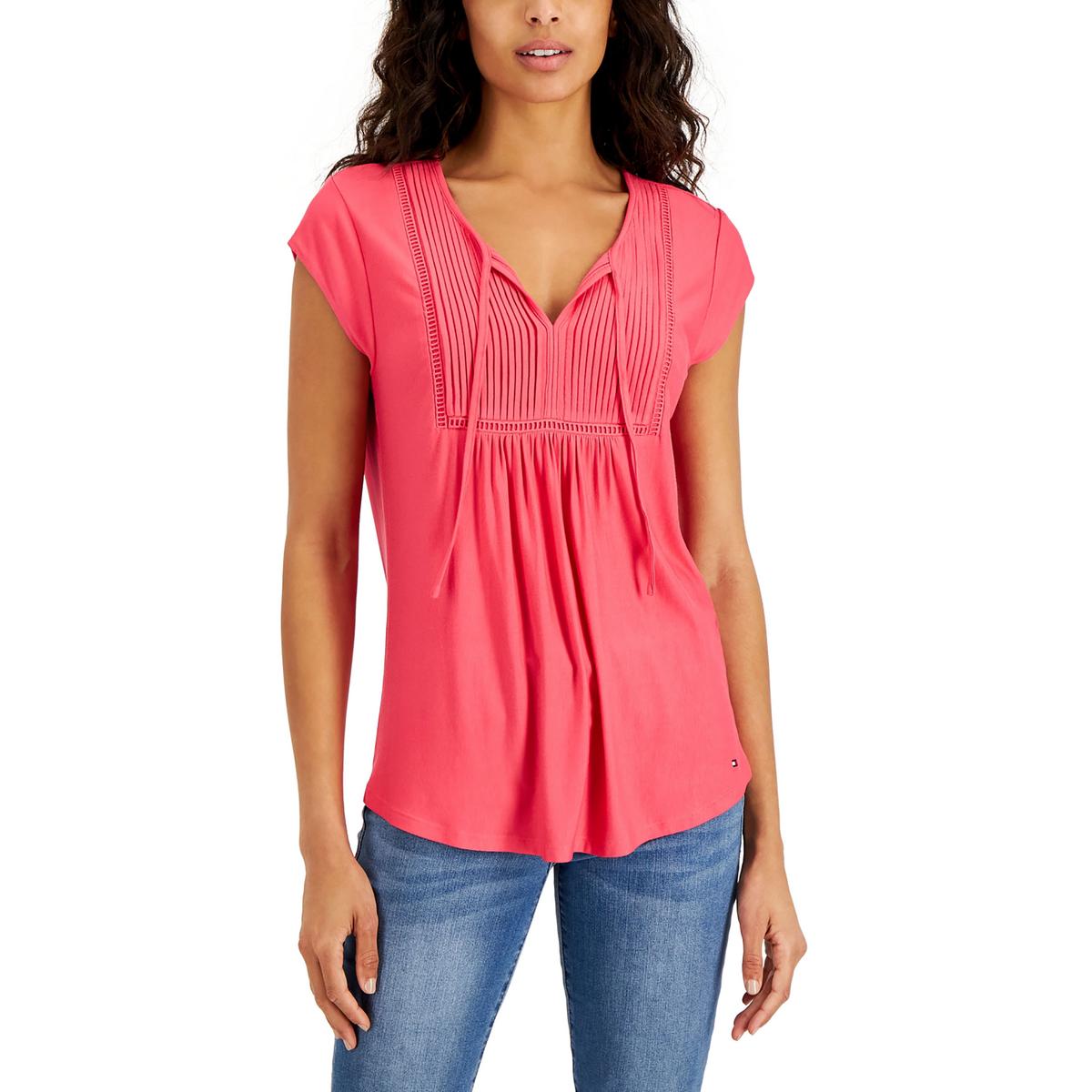 Tommy Hilfiger Women's Solid Pintucked Ladder Trip Top Pink Size Medium