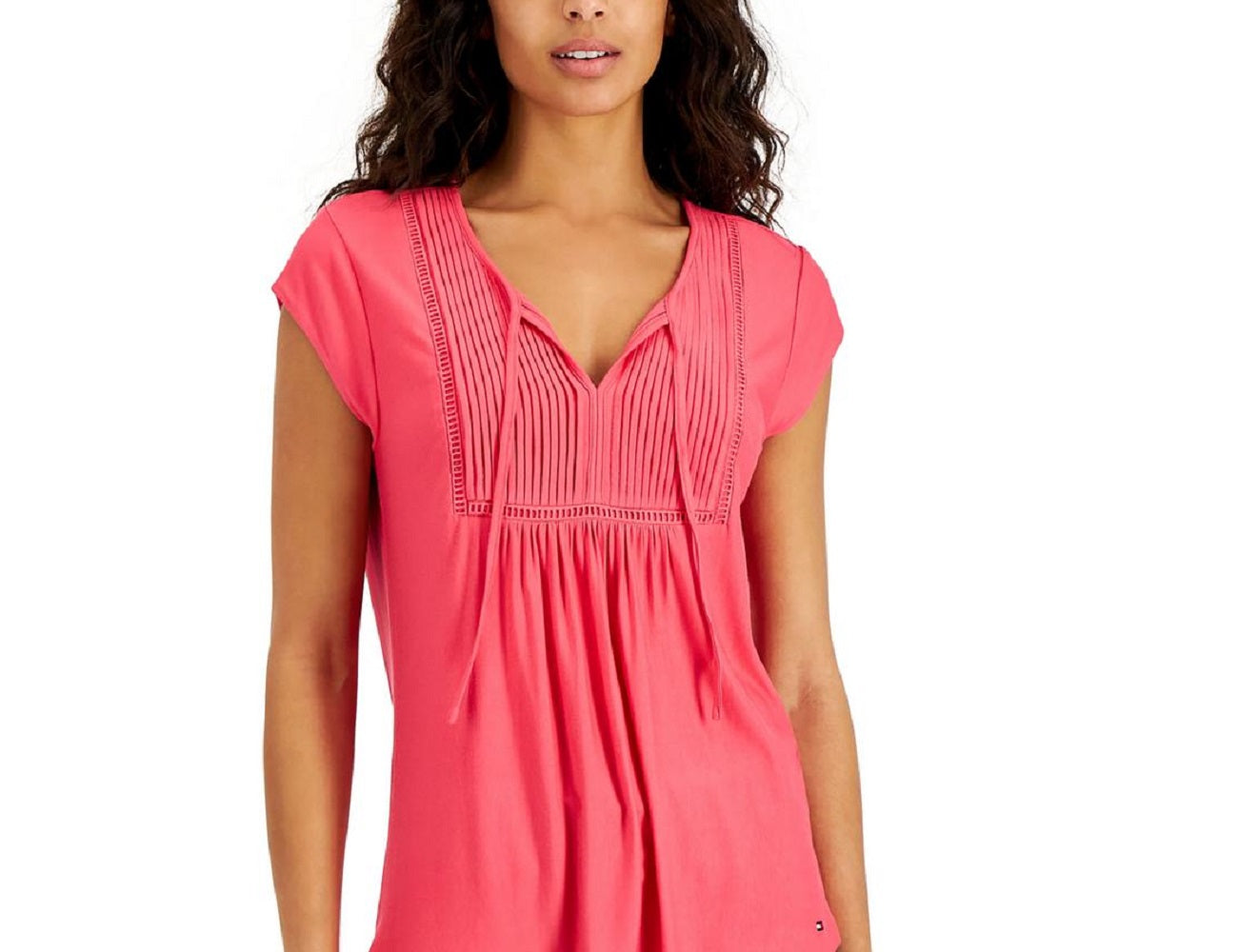 Tommy Hilfiger Women's Solid Pintucked Ladder Trip Top Pink Size Medium