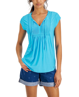 Tommy Hilfiger Women's Pintucked Ladder Trip Top Blue Size Small