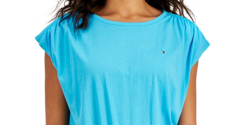 Tommy Hilfiger Women's Solid Smocked Waist Top Blue Size Large