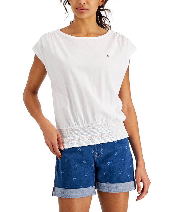 Tommy Hilfiger Women's Solid Smocked Waist Top White Size Large
