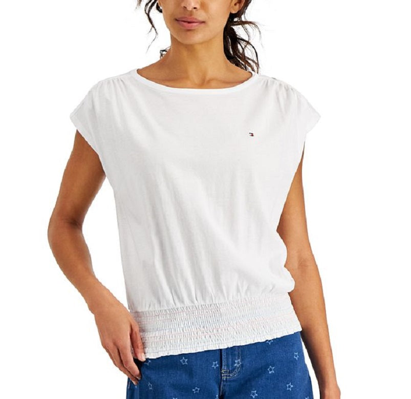 Tommy Hilfiger Women's Solid Smocked Waist Top White Size Large