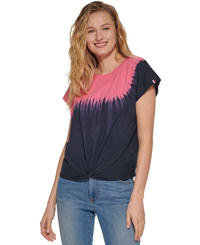 Tommy Hilfiger Women's Short Sleeve Tie Dye Knot T-Shirt Pink Size Medium