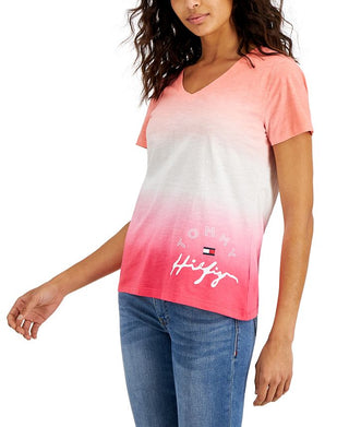 Tommy Hilfiger Women's Cotton Dip Dyed T-Shirt Pink Size Medium