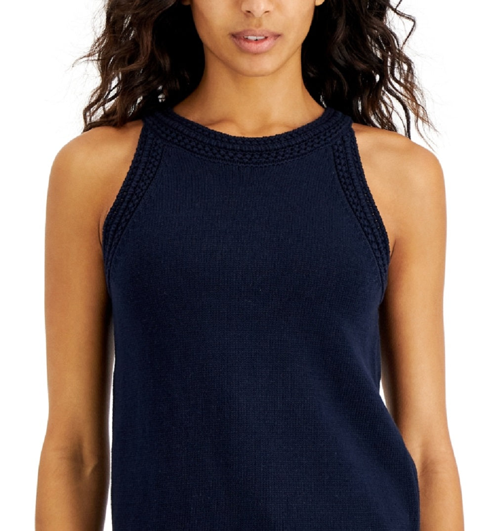 Tommy Hilfiger Women's Crochet Trim Sleeveless Sweater Blue Size Small
