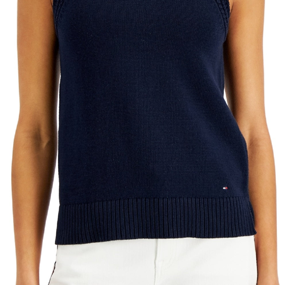 Tommy Hilfiger Women's Crochet Trim Sleeveless Sweater Blue Size Small
