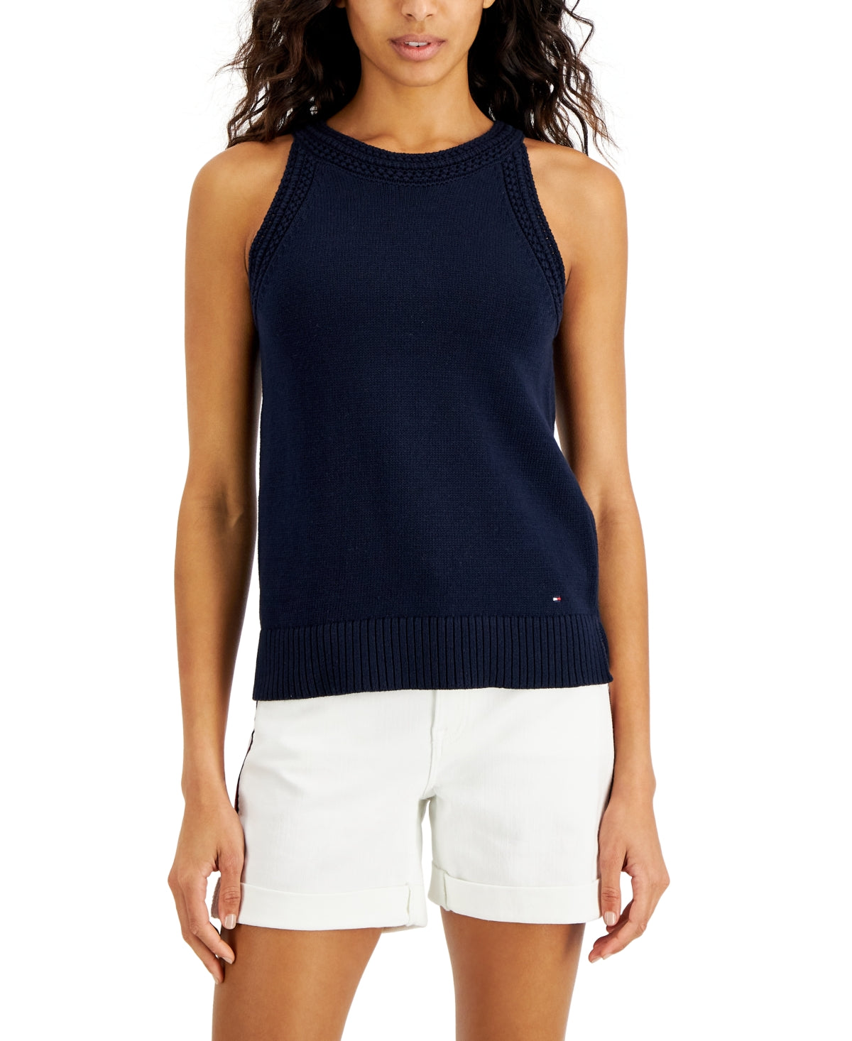 Tommy Hilfiger Women's Crochet Trim Sleeveless Sweater Blue Size Small