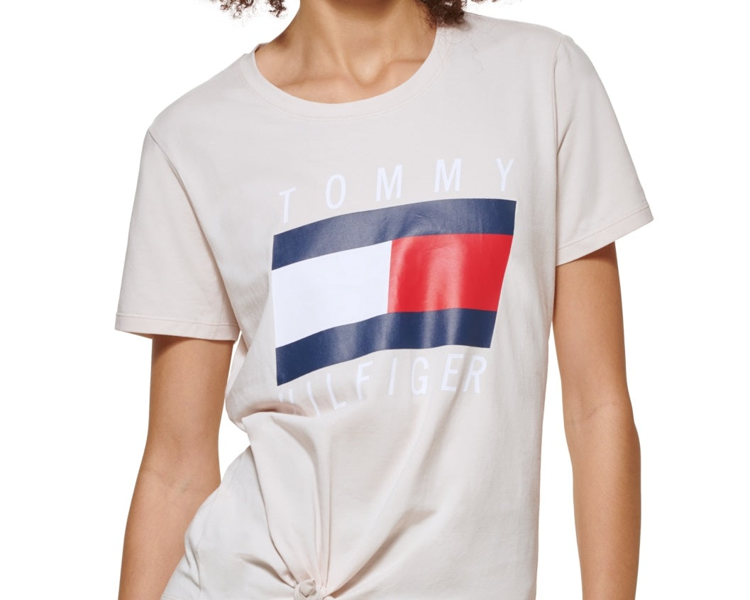 Tommy Hilfiger Women's Tie Front Logo T Shirt Gray Size X Large