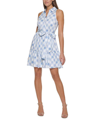 Tommy Hilfiger Women's Gingham Print Belted Dress Blue Size 4