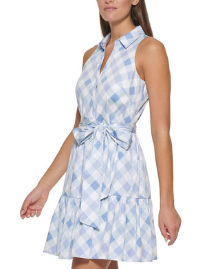 Tommy Hilfiger Women's Gingham Print Belted Dress Blue Size 4
