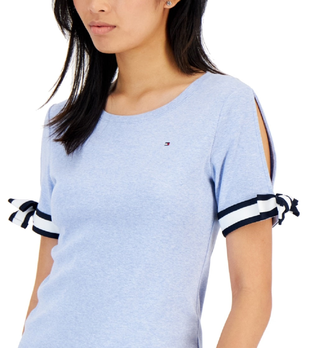 Tommy Hilfiger Women's Tie Sleeve Cotton Top Blue Size Small