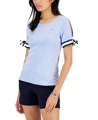 Tommy Hilfiger Women's Tie Sleeve Cotton Top Blue Size Small