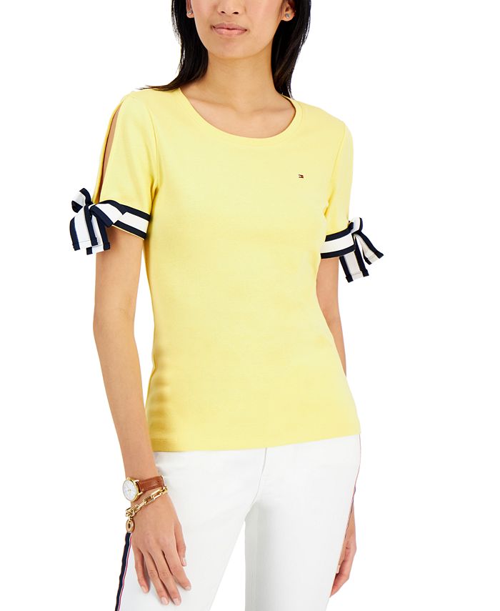 Tommy Hilfiger Women's Tie Sleeve Cotton Top Yellow