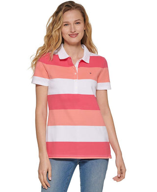 Tommy Hilfiger Women's Short Sleeve Polo Rugby Striped Top Pink Size X Large