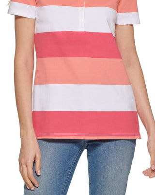 Tommy Hilfiger Women's Short Sleeve Polo Rugby Striped Top Pink Size X Large