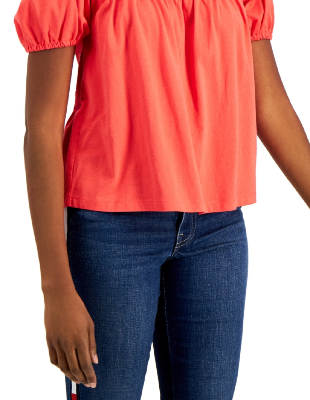 Tommy Hilfiger Women's Smocked Puff Sleeve Pullover Top Red Size Large