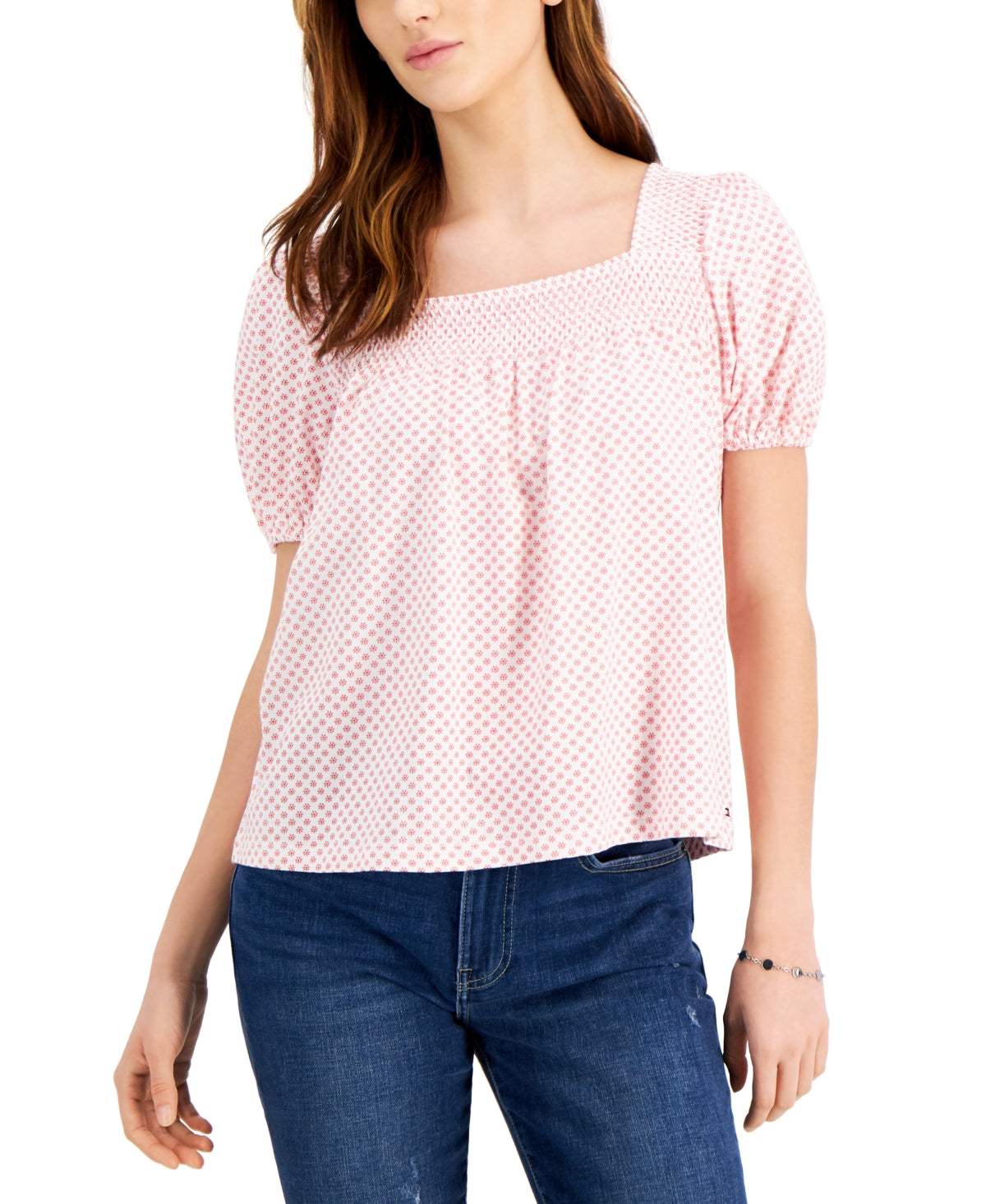 Tommy Hilfiger Women's Daisy Dot Puffed Sleeve Top Pink Size Large