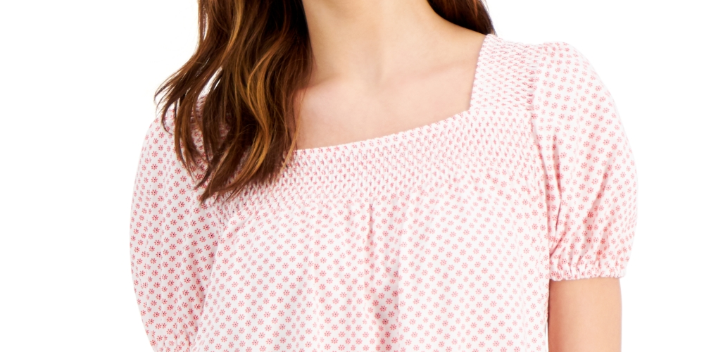 Tommy Hilfiger Women's Daisy Dot Puffed Sleeve Top Pink Size Large