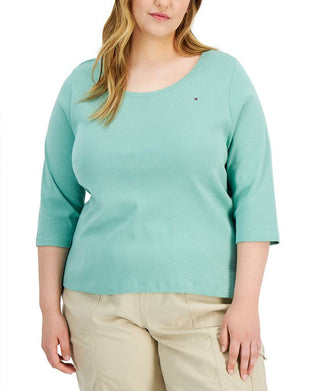 Tommy Hilfiger Women's Cotton 3/4 Sleeve T-Shirt Green Size 1X