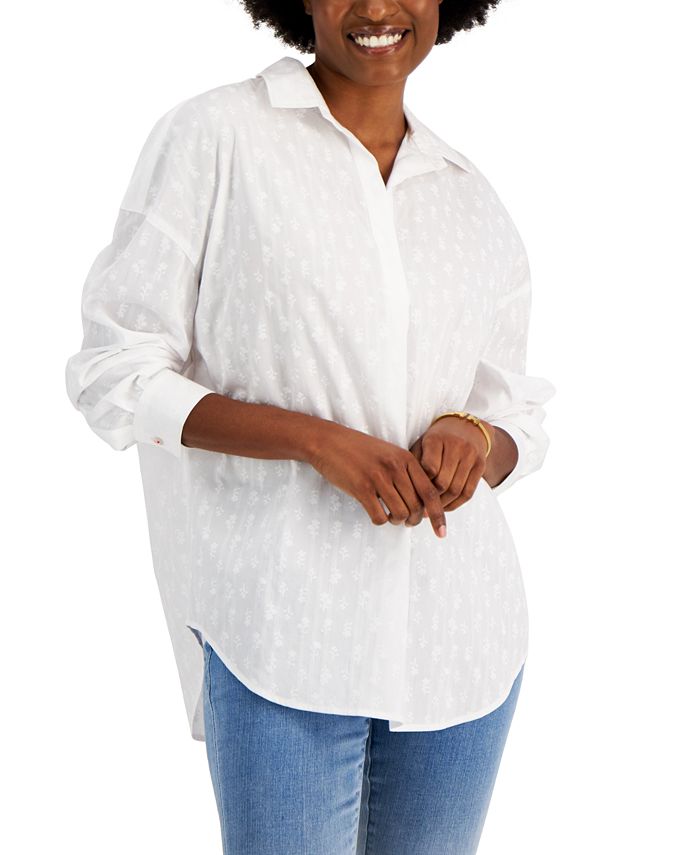 Tommy Hilfiger Women's Cotton Textured Popover Tunic Top White Size Small