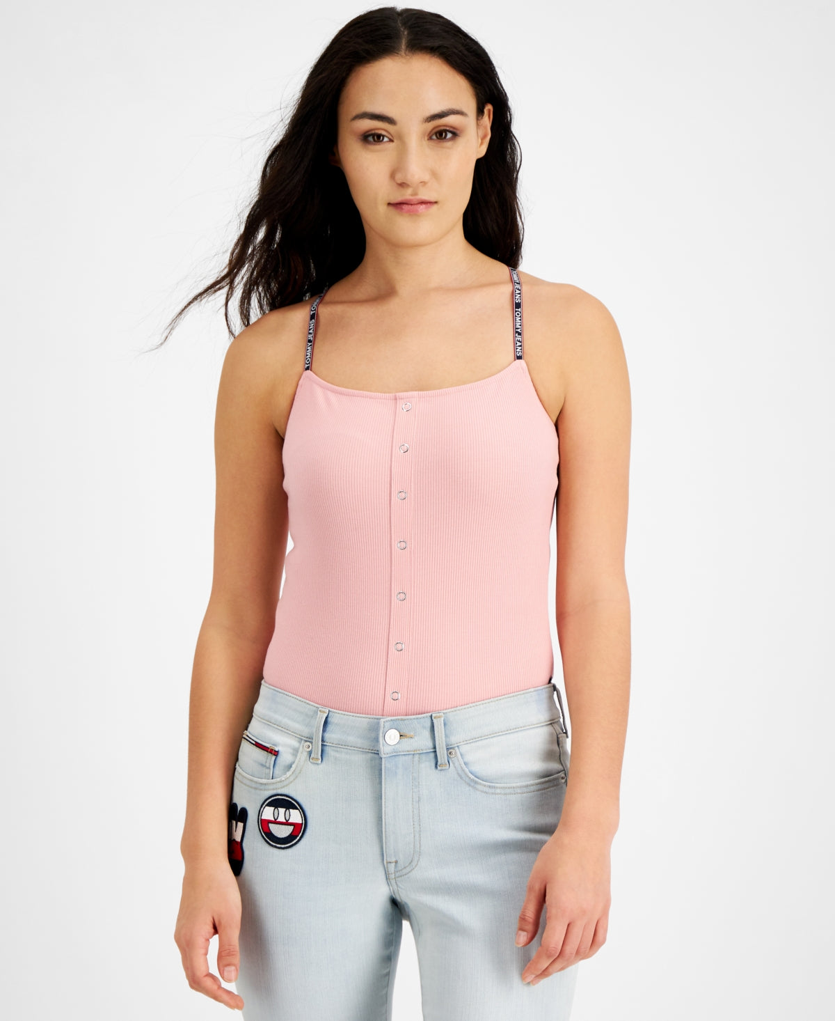 Tommy Jeans Women's Ribbed Spaghetti Strap Bodysuit Pink Size Medium
