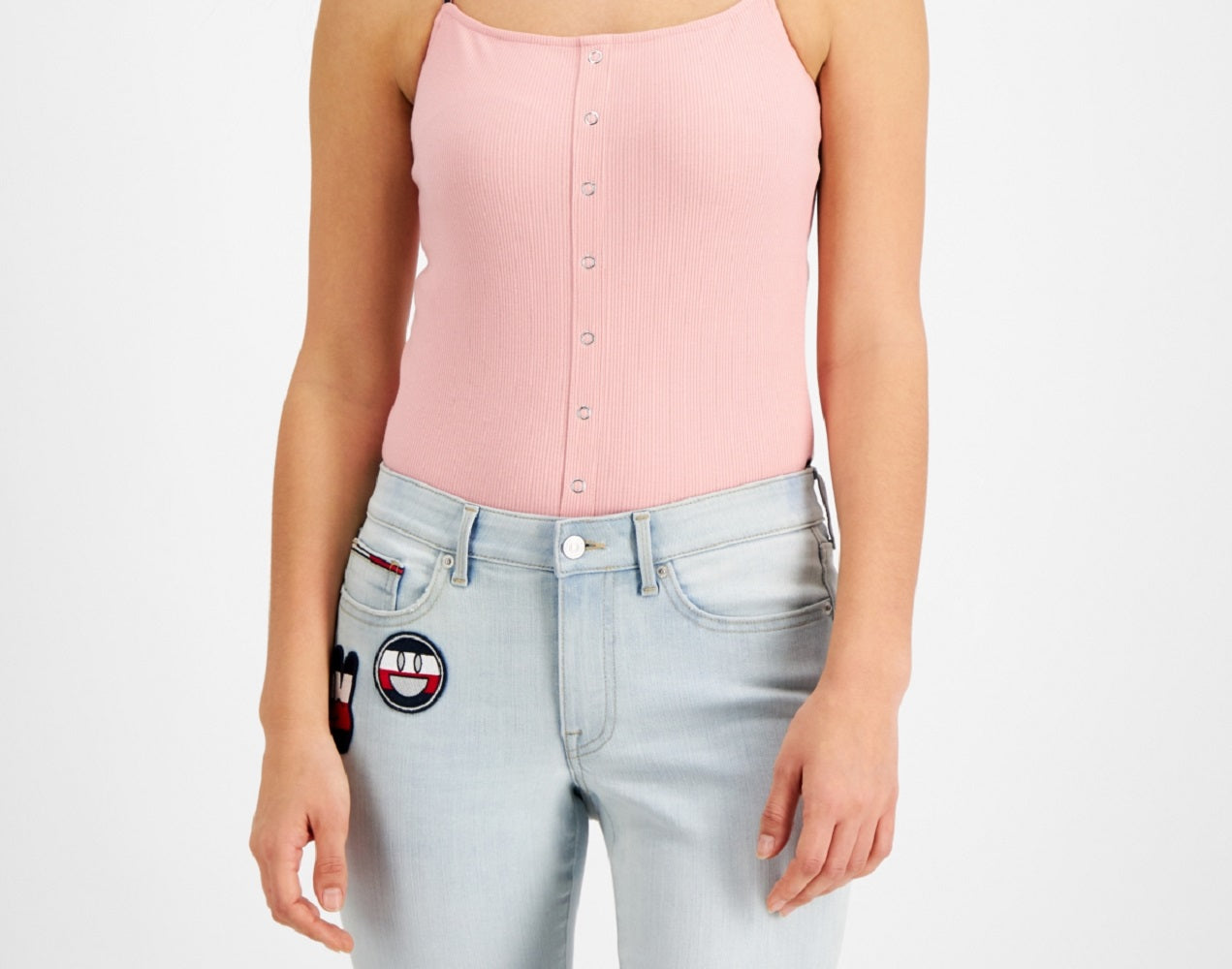 Tommy Jeans Women's Ribbed Spaghetti Strap Bodysuit Pink Size Medium