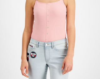 Tommy Jeans Women's Ribbed Spaghetti Strap Bodysuit Pink Size Medium