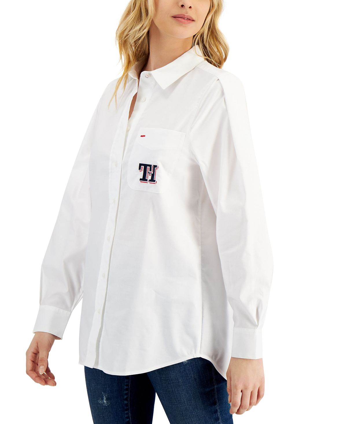 Tommy Hilfiger Women's Cotton Logo Pleated Sleeve Shirt White Size Large