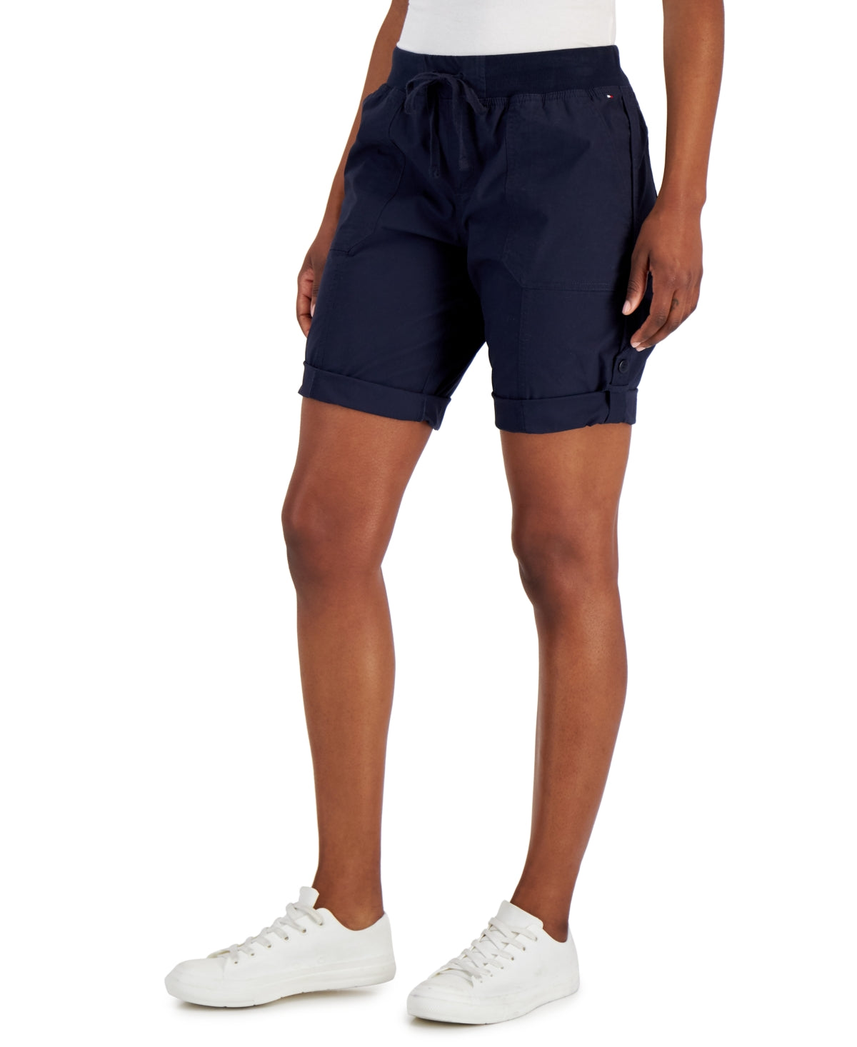 Tommy Hilfiger Women's Solid Rolled Cuff Utility Shorts Blue Size Large