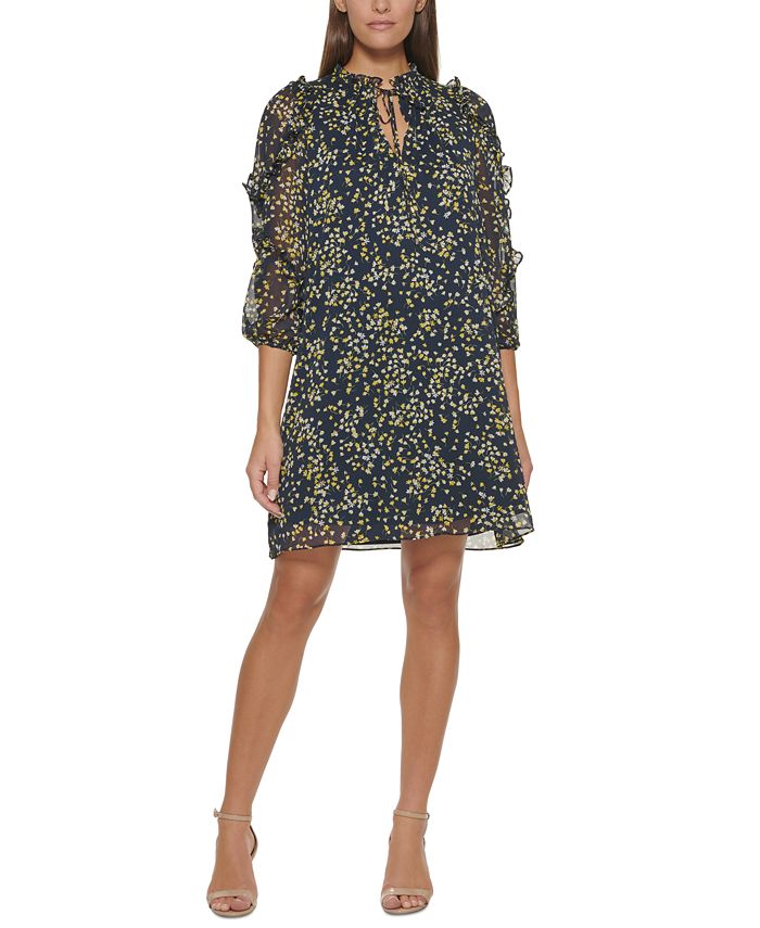 Tommy Hilfiger Women's Floral Print Ruffled Shift Dress Blue Size 12