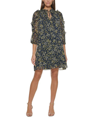 Tommy Hilfiger Women's Floral Print Ruffled Shift Dress Blue Size 12