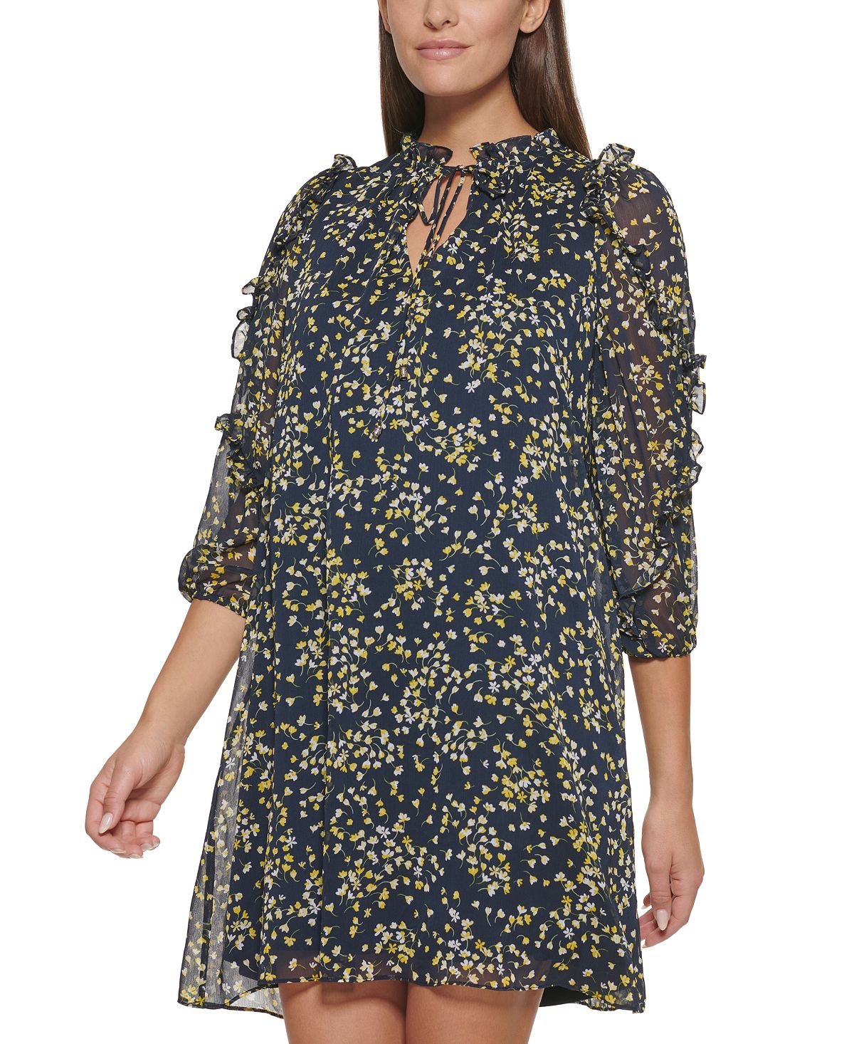 Tommy Hilfiger Women's Floral Print Ruffled Shift Dress Blue Size 12