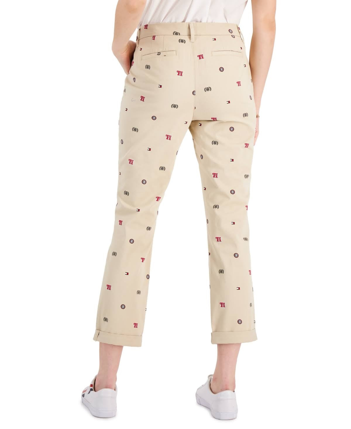 Tommy Hilfiger Women's Th Flex Hampton Logo Print Chino Pants Brown Size 10