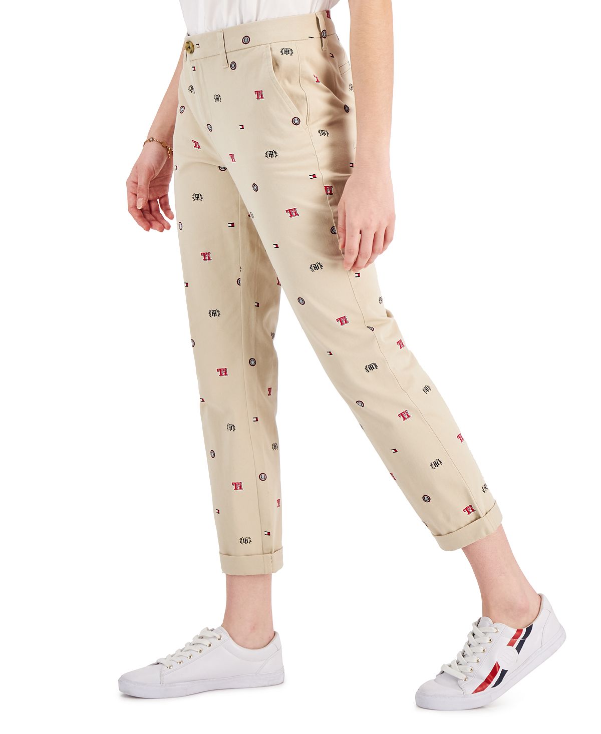 Tommy Hilfiger Women's Th Flex Hampton Logo Print Chino Pants Brown Size 10