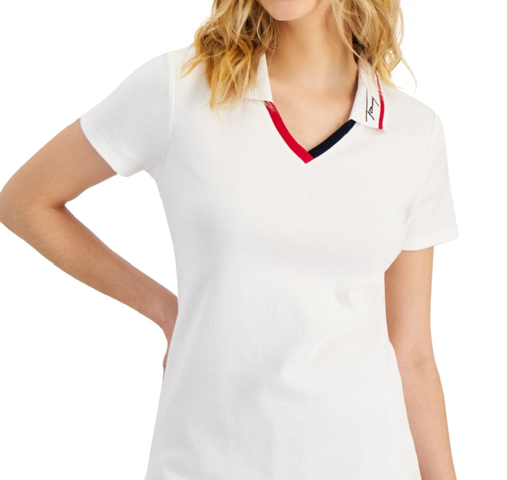 Tommy Hilfiger Women's Cotton Contrast Trim Polo Top White Size Large