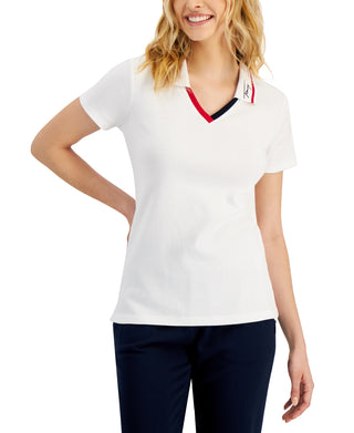 Tommy Hilfiger Women's Cotton Contrast Trim Polo Top White Size Large
