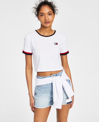 Tommy Jeans Women's Flag Patch Cropped T-Shirt White Size Large
