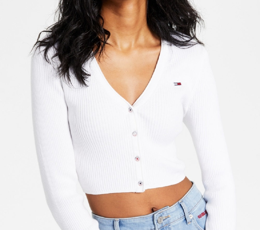 Tommy Jeans Women's Ribbed Cropped Cardigan White Size Medium