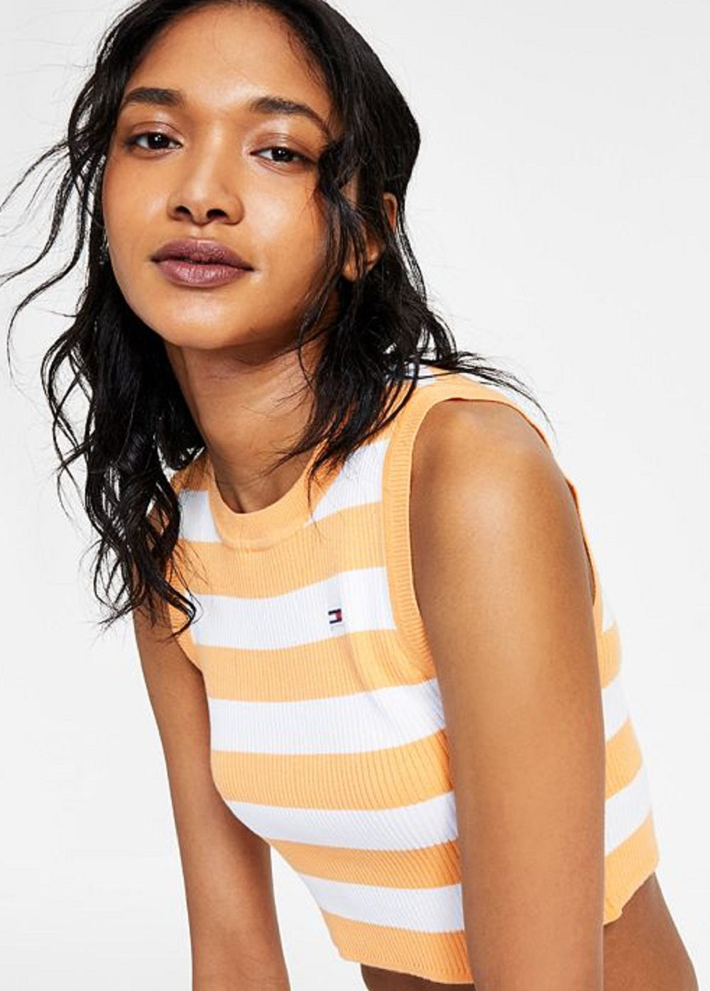 Tommy Jeans Women's Striped Cropped Sweater Tank Top Orange Size Medium