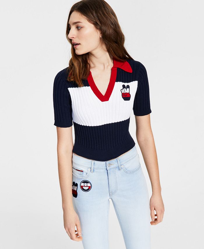 Tommy Jeans Women's Cropped Colorblock Polo Sweater Blue Size Medium