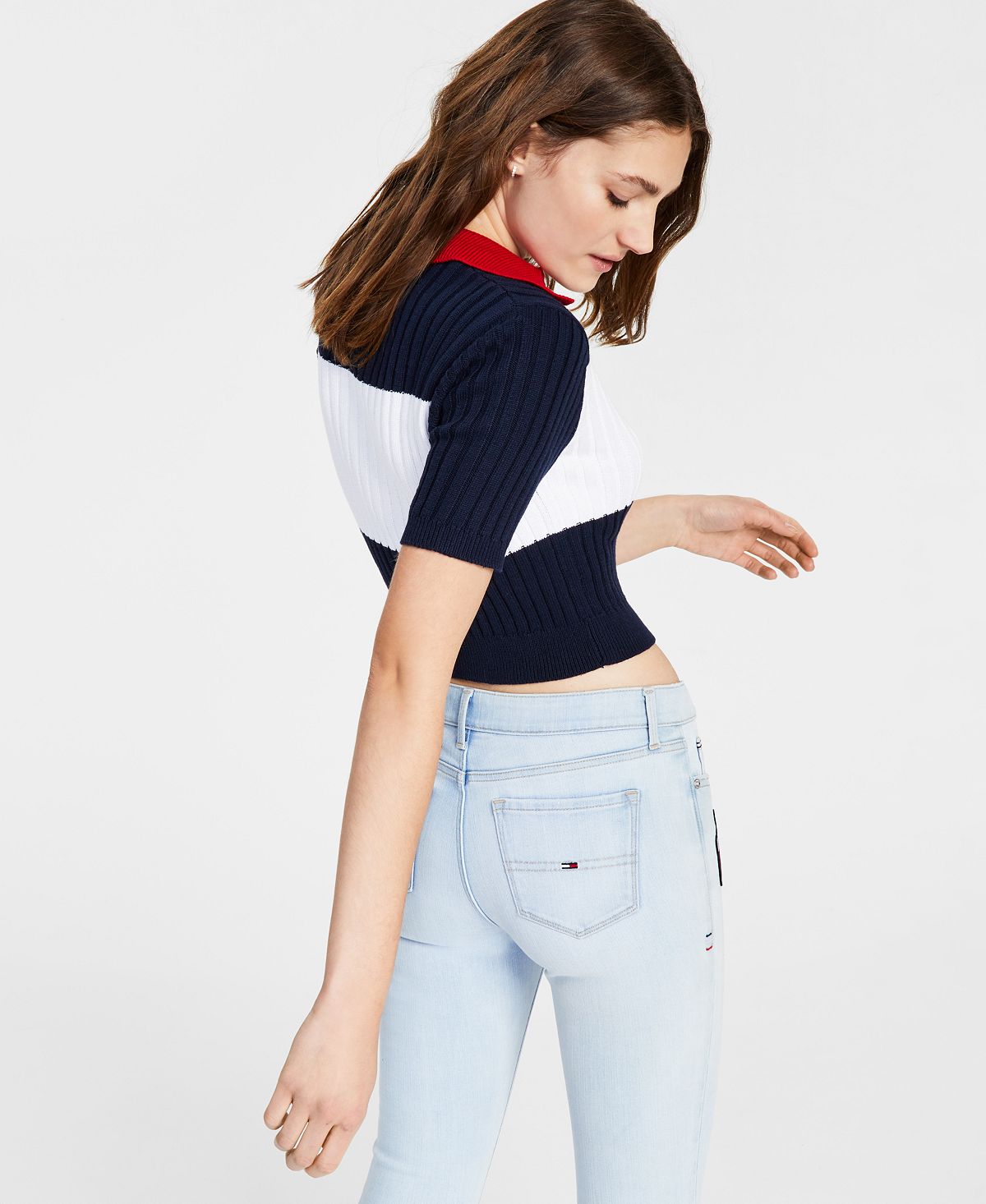 Tommy Jeans Women's Cropped Colorblock Polo Sweater Blue Size Medium