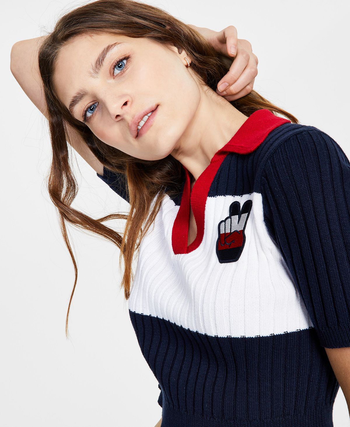 Tommy Jeans Women's Cropped Colorblock Polo Sweater Blue Size Medium