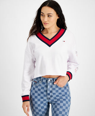 Tommy Jeans Women's Contrast Trim Cropped Sweatshirt White Size Medium