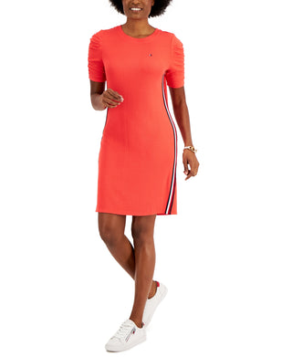 Tommy Hilfiger Women's Solid Ribbed Puff Sleeve Dress Red Size X-Small