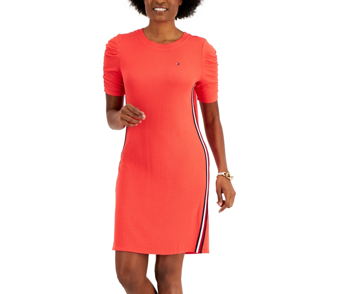 Tommy Hilfiger Women's Solid Ribbed Puff Sleeve Dress Red Size X-Small
