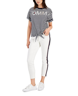 Tommy Hilfiger Women's Tie Front Striped Logo T-Shirt Blue Size Large