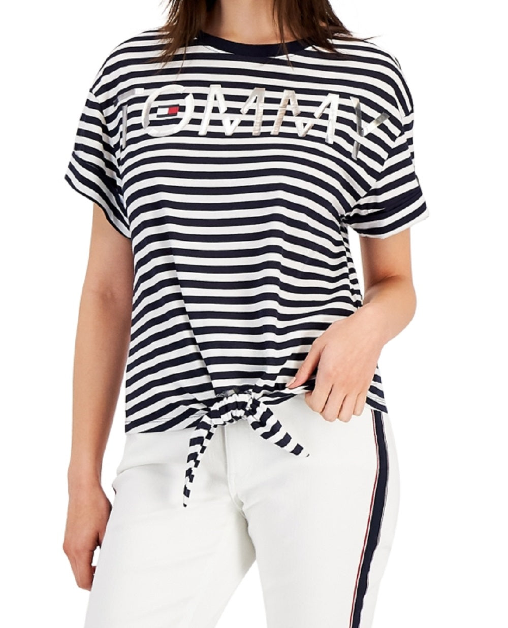 Tommy Hilfiger Women's Tie Front Striped Logo T-Shirt Blue Size Large