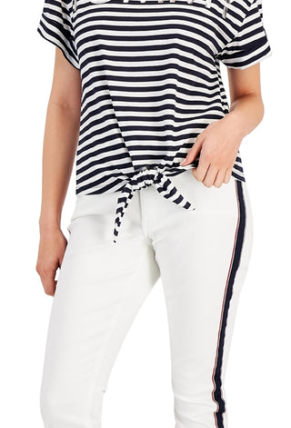 Tommy Hilfiger Women's Tie Front Striped Logo T-Shirt Blue Size Large