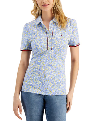 Tommy Hilfiger Women's Puff Sleeve Polo Top Blue Size Large